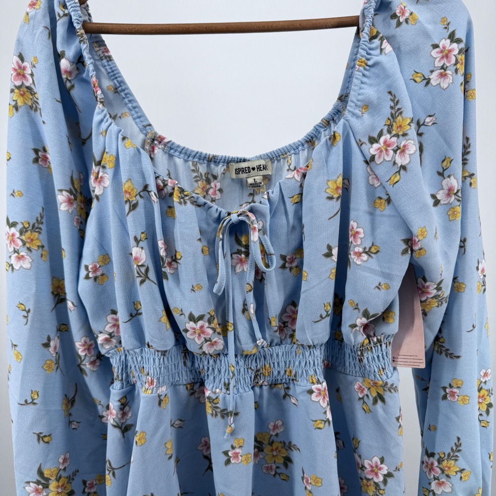 Inspired Hearts Blue Floral Long Sleeve Romper Dress Smocked Tie Women's Size L - Picture 10 of 11